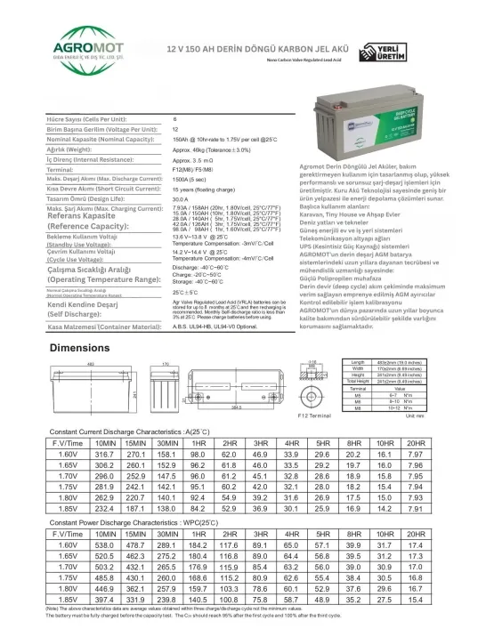 Agromot 12V 150Ah Jel Akü - Nano Carbon Deep Cycle