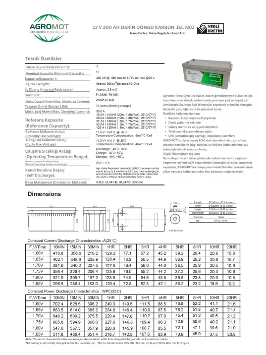Agromot 12V 200Ah Jel Akü - Nano Carbon Deep Cycle