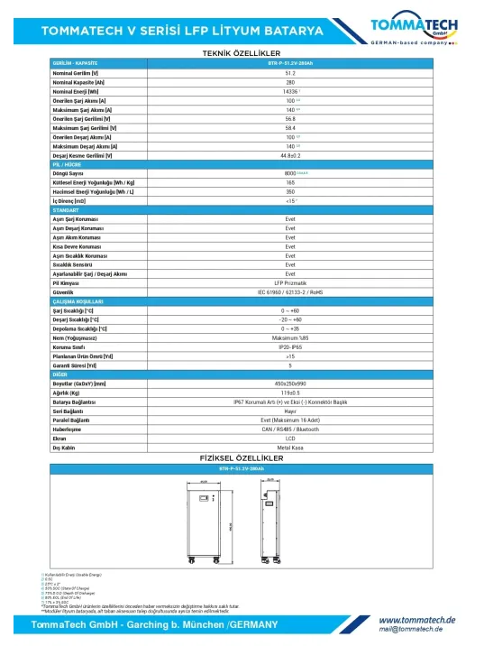 TommaTech 51.2V 280Ah V Serisi 15 KW Lityum Batarya