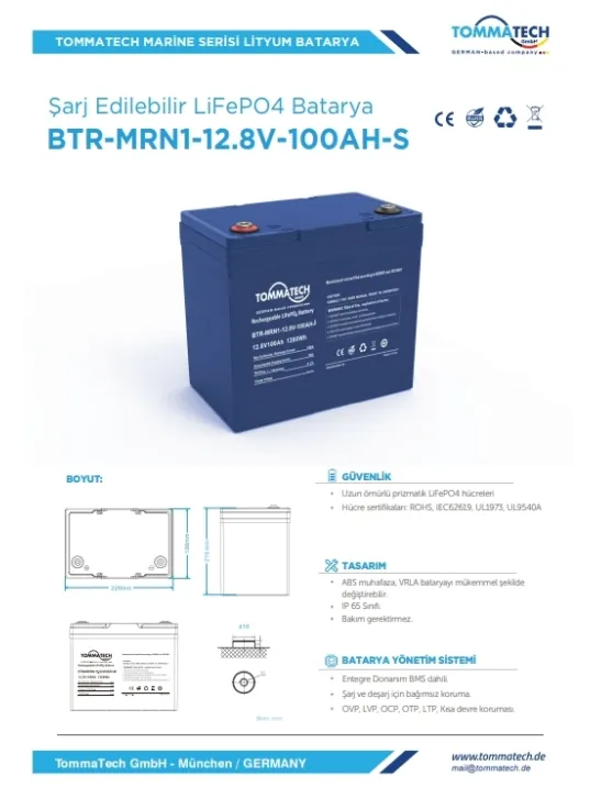 TommaTech 12.8V 100Ah LFP Marine Batarya ABS Kasa LiFePO4