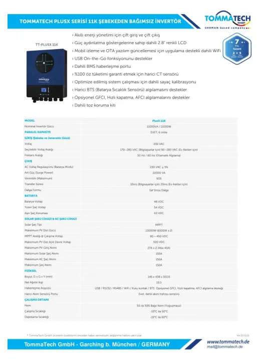 TommaTech PlusX Serisi 11K 48V Tek Faz Akıllı İnverter - Rka Enerji