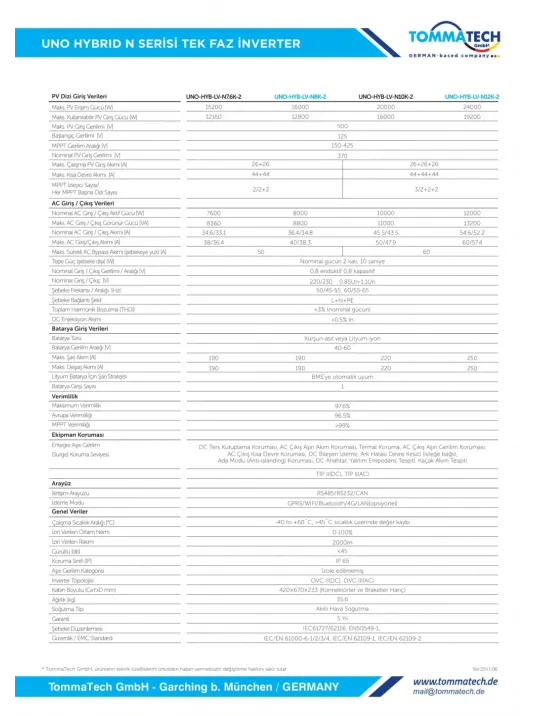 TommaTech Uno Hybrid N Serisi 12kW Tek Faz Hibrit İnverter