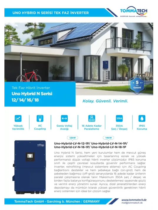 TommaTech Uno Hybrid N Serisi16 kW Tek Faz Hibrit İnverter