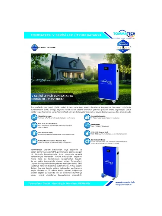 TommaTech 51.2V 280Ah V Serisi 15 KW Lityum Batarya