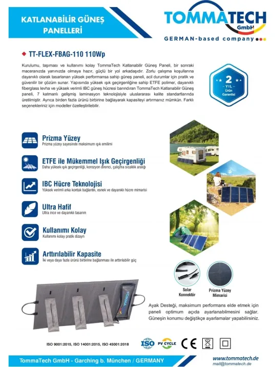 Tommatech 110W Katlanabilir Güneş Paneli - Monokristal Taşınabilir Solar Şarj Kiti- Rka Enerji
