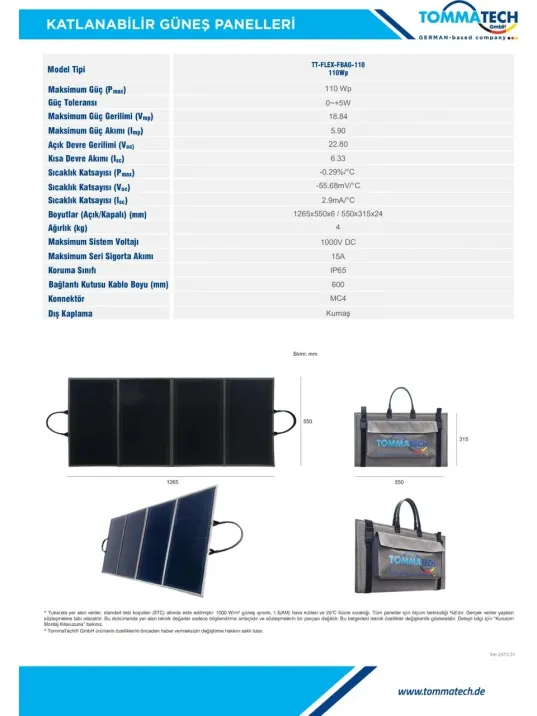 Tommatech 110W Katlanabilir Güneş Paneli - Monokristal Taşınabilir Solar Şarj Kiti- Rka Enerji