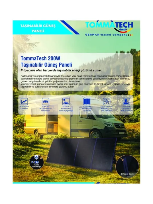 Tommatech 200W Katlanabilir Taşınabilir Güneş Paneli – Topcon N-Type, Etfe Kaplama– Rka Enerj