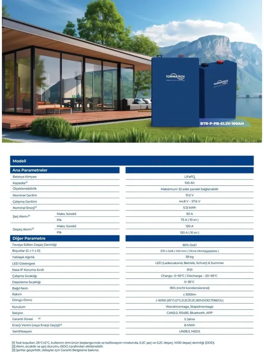 Tommatech 51.2V 100AH Lifepo4 Lityum Batarya Pb Lfp 5.12KWH Akıllı Solar Akü - Rka Enerji